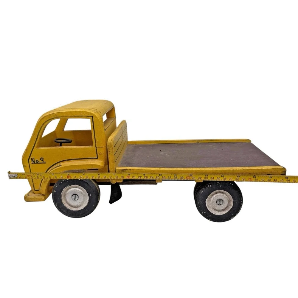 Vintage 1950s Handmade Wooden Ford No.9 Flatbed Toy Truck Yellow Missing Wheel